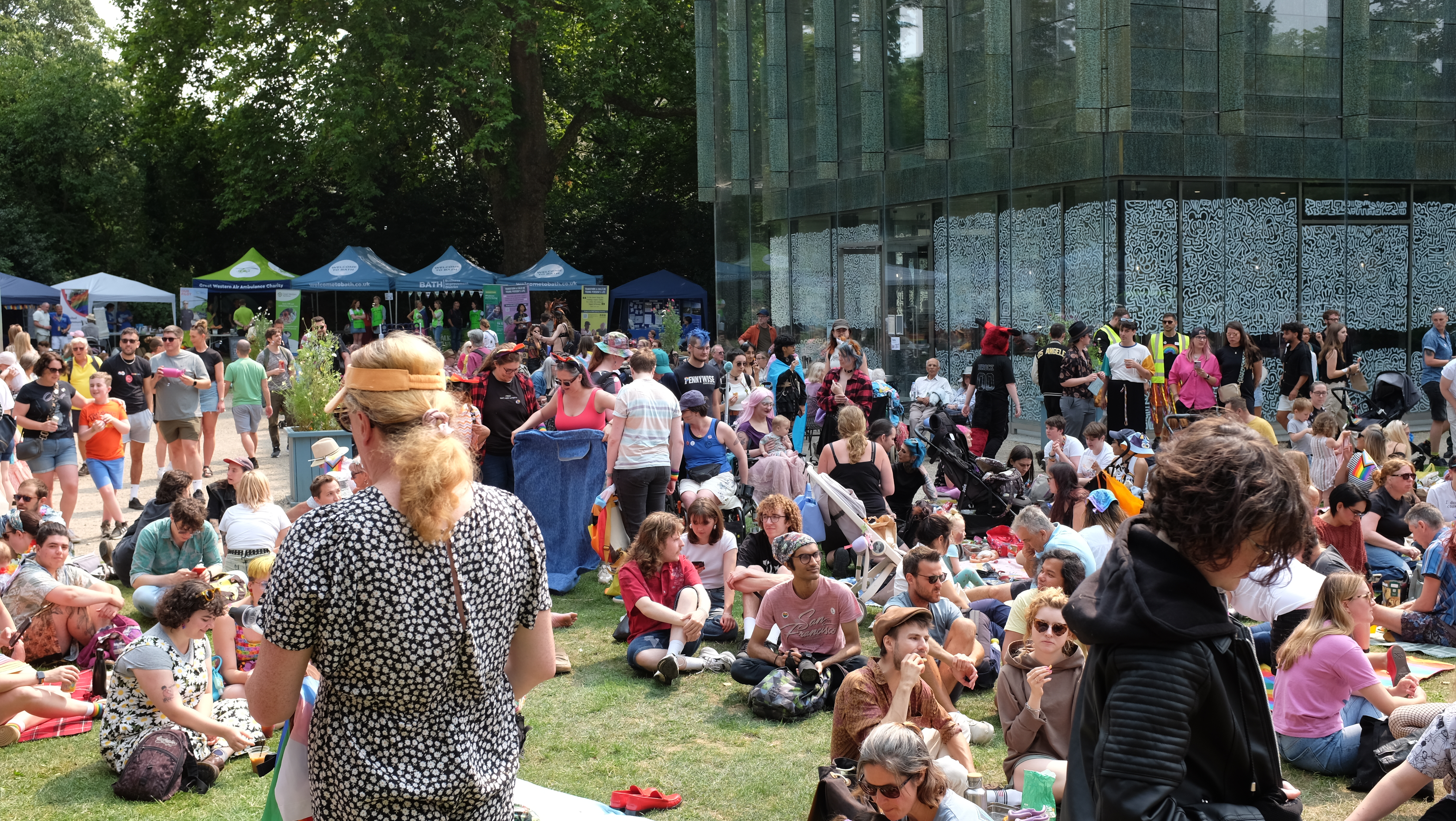 A view of the back of the Holburne Museum showing some of the picnic attendees and stalls